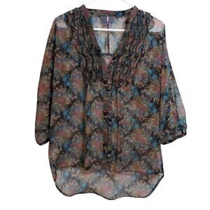 I Jeans By Buffalo Dark Floral Boho Sheer Ruffle Button Up Top Size Small